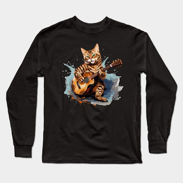 Bengal Cat Playing Guitar Long Sleeve T-Shirt by Graceful Designs